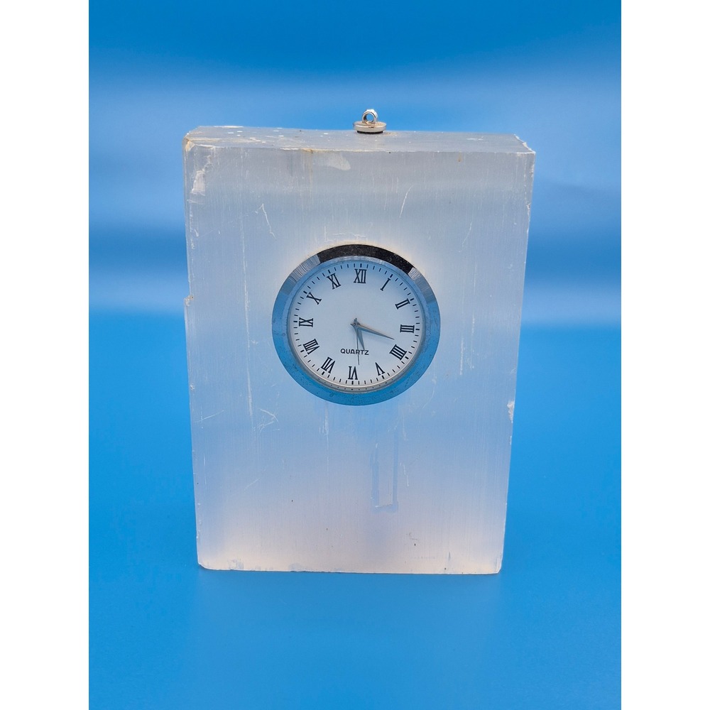 Vintage‎ Selenite Crystal Slab Desk Clock White Quartz Roman Numeral Stone Decor